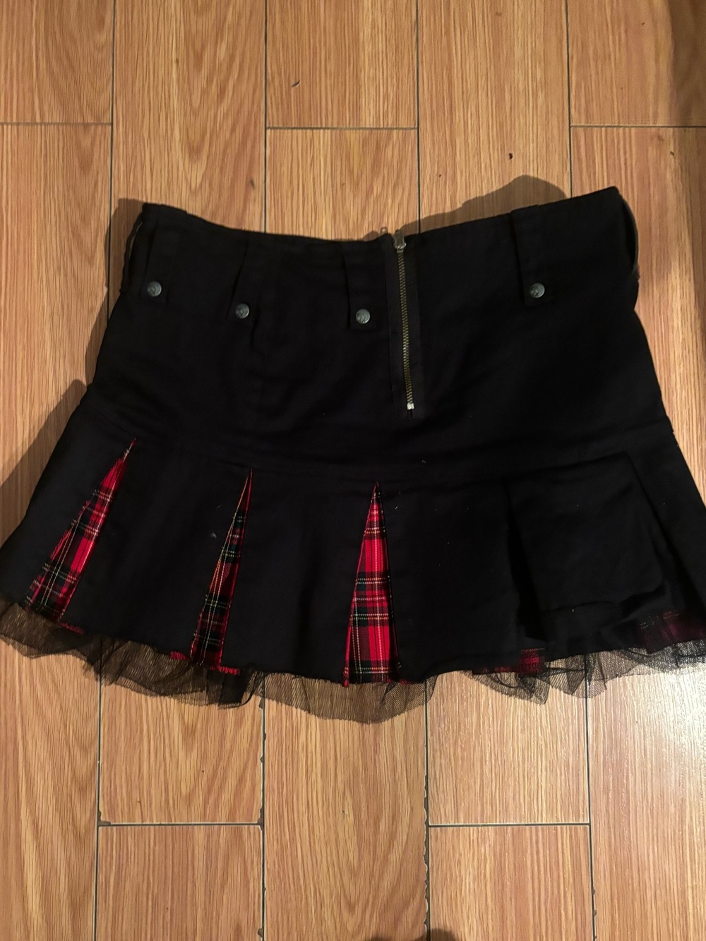 Black Mini Skirt with Red Plaid Pleat Accents